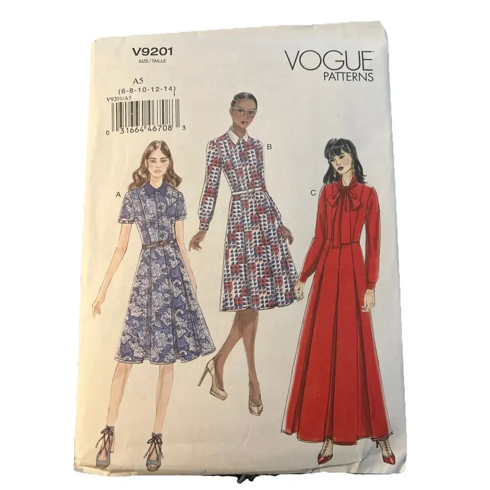 Vogue Patterns V9201 Petite Dress Button Front Collared Belt Dress Size 6-14 UC
